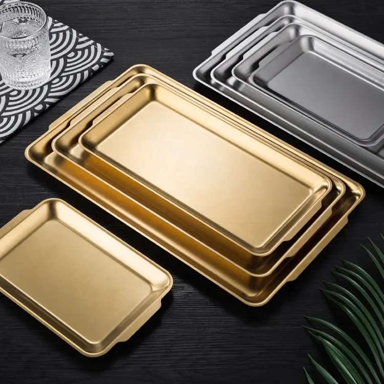 Hotel Restaurant Bar Stainless Steel Gold Silver Decorative Serving Plate Rectangle Square Food Serving Tray Sushi Fruit Tray