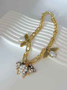 Stylish Bee Theme Natural Insect Charm Pendant Necklace 18k Gold Plated Link Chain Fashion <strong>Jewelry</strong> Rings Necklace Sets for Women - Product Image 3