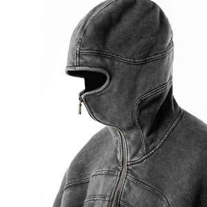 Sweat à capuche ninja avec fermeture éclair intégrale, effet délavé vintage, motifs et options de couleurs personnalisés pour hommes - Product Image 6