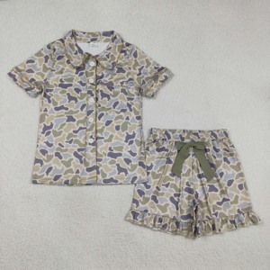 Sans Tarifs, Contactez-nous GSSO3135 RTS Vêtements Occidentaux Femme Gris Vert Camouflage Nœuds <span class=keywords><strong>Polo</strong></span> Manches Courtes Shorts Ensemble Pyjama Maman & Bébé - Product Image 2