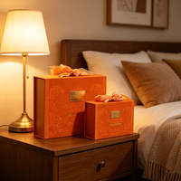 Coffret Cadeau Personnalisé en Velours Orange, Boîtes OEM ODM 2 Tailles avec Nœuds en Satin, Logo Doré et Motif Floral en Relief