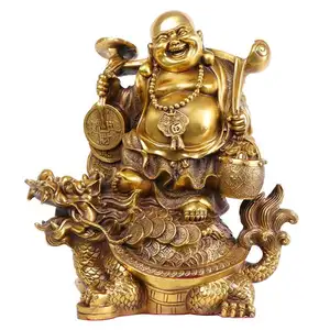 Feng Shui Decor Laughing Buddha with Turtle-Wealth Statue,Brass