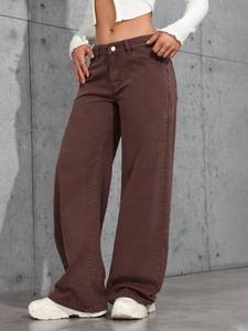 Jeans en denim <span class=keywords><strong>kaki</strong></span> respirant à <span class=keywords><strong>taille</strong></span> <span class=keywords><strong>haute</strong></span>, coupe ample et droite, pour femmes, décontracté, vintage, simple, été, service OEM - Product Image 3