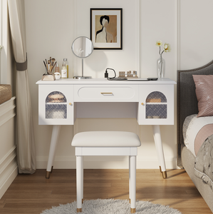 Elegant Modern Lighted <b>Vanity</b> Makeup <b>Table</b> & Chair Set with Solid Wood Storage Dressing and Writing Desk - Product Image 2