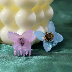 XinMei Custom Mini Acetate Butterfly Hair Claw Clips Accessories Cute Pretty Blue Color Claw Clips Shine Crystals For Thin Hair