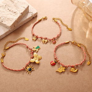 Conjunto de Collares y Pulseras de Aleación de Zinc con Colgante de Mariposa e Insecto, Diseño de Cuerda Roja Tejida Estilo Europeo-Americano, Joyería de Moda para Uso Diario - Product Image 3
