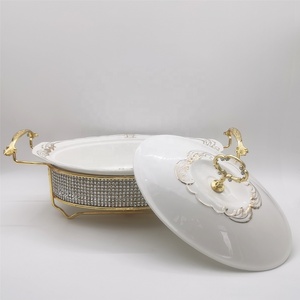 Plat de service de luxe en céramique 1,5L/2L avec incrustations de diamants, chauffe-plat de buffet en porcelaine avec couvercle pour mariages, hôtels et banquets - Product Image 4