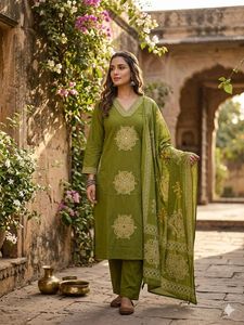Conjunto de Salwar Kameez de Algodón Verde, Kurti Bordado con Dupatta, Ropa Étnica Tradicional para Mujer, Estilo Moderno, Largo Regular, para Fiestas de Verano - Product Image 2