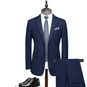 <span class=keywords><strong>Costume</strong></span> d'affaires <span class=keywords><strong>bleu</strong></span> marine <span class=keywords><strong>rayé</strong></span> en tissu TR, simple boutonnage, col cranté, coupe ajustée, infroissable, pour homme, idéal pour les trajets quotidiens - Product Image 5