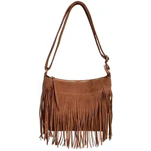 2023 Trendy Suede Leather Tassel Hobo Shoulder Bags Retro Messenger Bag Bohemian Fringed Handbags Crossbody Bags for Women