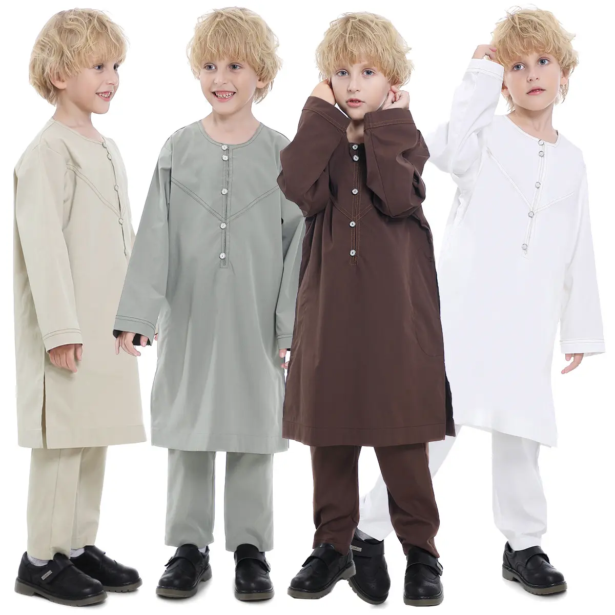 Wholesale High Quality Arab kids Kaftan Muslim Islamic Children Clothing Thobe Youth Boys Abaya Robe Suit