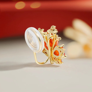 Clip-on Earrings Maple Leaf Design Gold Red Rhinestones Party Fashion Cuff Earrings - Product Image 4