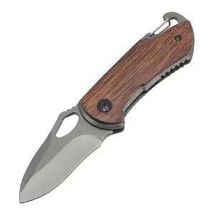 Manche en bois gravé personnalisé, petit couteau de poche pliant EDC de camping revêtu de titane avec mousqueton