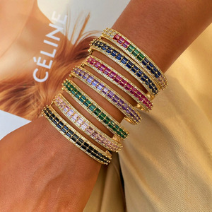 Fashionable 18K Gold Plated Geometric Trendy Women's <b>Bracelet</b> Cuff Bangle Colorful Gemstones Colored Cubic Zirconia Wedding - Product Image 2