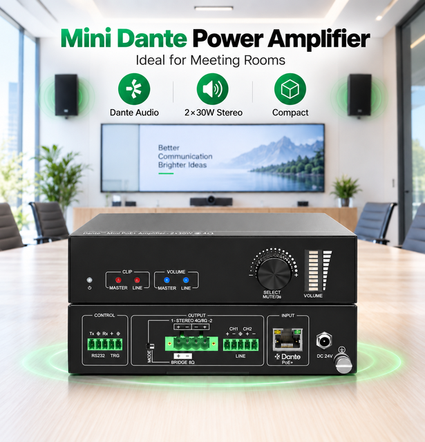 Dante Mini Power Amplifier Class D Stereo Mono Switchable PoE DC24V Volume Control Line Out RS232 Trigger for Bar Lecture Hall