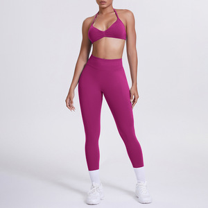 Women's Solid Color Yoga Set - Halter Neck Bra, High Waist Ruched Peach Hip Pants, Workout Clothes, In-Stock Bulk Supply