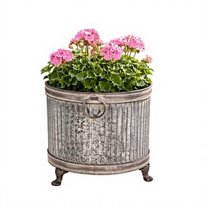 Jardinière ovale en métal galvanisé, pot à fleurs vintage côtelé avec poignée annulaire et pieds pour jardin - Product Image 1