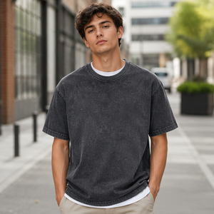 T-shirt en coton lavé surdimensionné pour homme, manches courtes, col rond, couleur unie, décontracté, logo personnalisable sur le devant - Product Image 6
