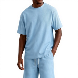 Men Solid Light Blue Ribbed Crew Neck T-Shirt Shorts Set Casual Knit Summer Outfit Breathable Waffle Texture Polyester/Cotton - Product Image 6