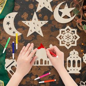 بافو عيد مبارك لون ديي الخاص بك لافتة خشبية المعلقات القمر نجمة فانوس رمضان نمط الاطفال هدية راية المسلمين مع الطلاء - Product Image 1