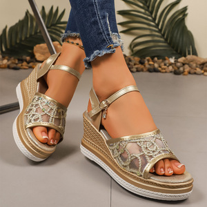 Women Big European and American Style Mesh Sequin Wedge <b>Sandals</b> Summer New Thick Sole Open-Toe Roman <b>Sandals</b> - Product Image 1