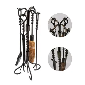 Wrought Iron Antique Brass Fire Place Tools Set 4 pcs Fireplace Tools