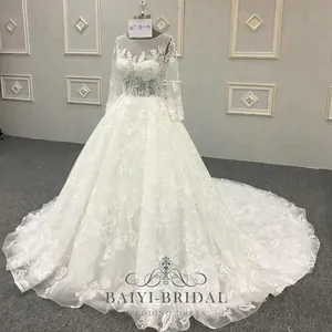 Plus Size Wedding Dress 3D Floral Lace Appliqued Long Sleeve Muslim Bridal Gown