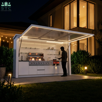 Îlot de cuisine extérieur modulaire de 3 m en acier inoxydable avec barbecue, armoire, évier et abri intégré pour fêtes en plein air