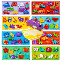 Qiaike Montessori Planche de puzzle en bois avec velcro Anglais Russe Espagnol Blocs d'association 3D Animaux Dinosaures Véhicules Jouet éducatif