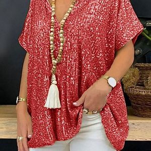 Women <b>Sequined</b> V-Neck Short Sleeve Shirt Gold Loose Fit Casual Top 3D Effect Hot Stamping Acetate Fiber - Product Image 4