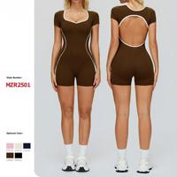 Combinaison de sport pour femme MAYYOUNG avec logo personnalisé, dos ouvert, manches courtes, blocs de couleur, coupe ajustée, avec bordures contrastées