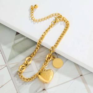Stainless Steel Gold Plated Link <b>Chain</b> Heart Pendant Bracelet-Trendy Engraved Design Versatile Light Luxury Party Jewelry - Product Image 3