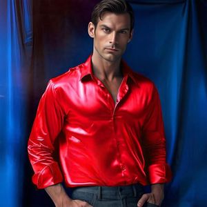 Camicia Casual in Seta per Uomo, Camicia con Bottoni a Maniche Lunghe, Tinta Unita Lucida in Raso, Camicia Elegante da Cerimonia - Product Image 2