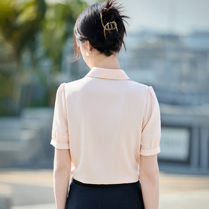 White Short Sleeve Shirt Women Solid Color Polyester Poplin Office Blouse Button Front Professional Wear - Product Image 4