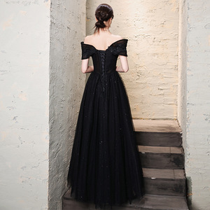 Off The Shoulder Black Evening Gown Empire Waist Ball Gown Organza Long Dress For Banquets Runway Events - Product Image 2