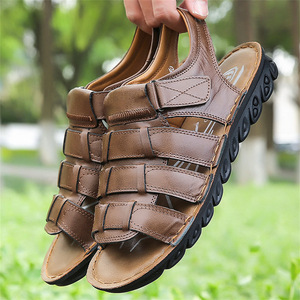 Sandalias de cuero genuino para hombre con tiras cruzadas, punta abierta, suela de goma transpirable, zapatos casuales de verano - Product Image 5