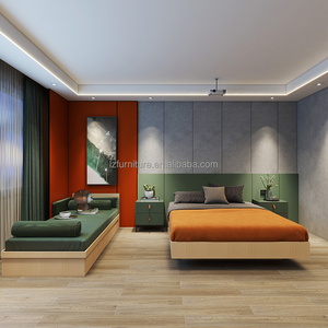 Juego de Muebles de Dormitorio de Hotel a Bajo Costo de Fábrica, Cama King Size con Cabecera Extendida, Panel de Pared y Mesitas de Noche Flotantes - Product Image 3