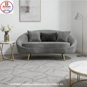 โซฟาผ้ากำมะหยี่สีเทาโค้งมน 2 ที่นั่ง สไตล์โมเดิร์นหรูหรา ขาโลหะทรงเรียวสีทอง เฟอร์นิเจอร์ตกแต่งห้องนั่งเล่นสุดหรู ปรับแต่งได้ตามต้องการ-OEM/ODM - Product Image 1