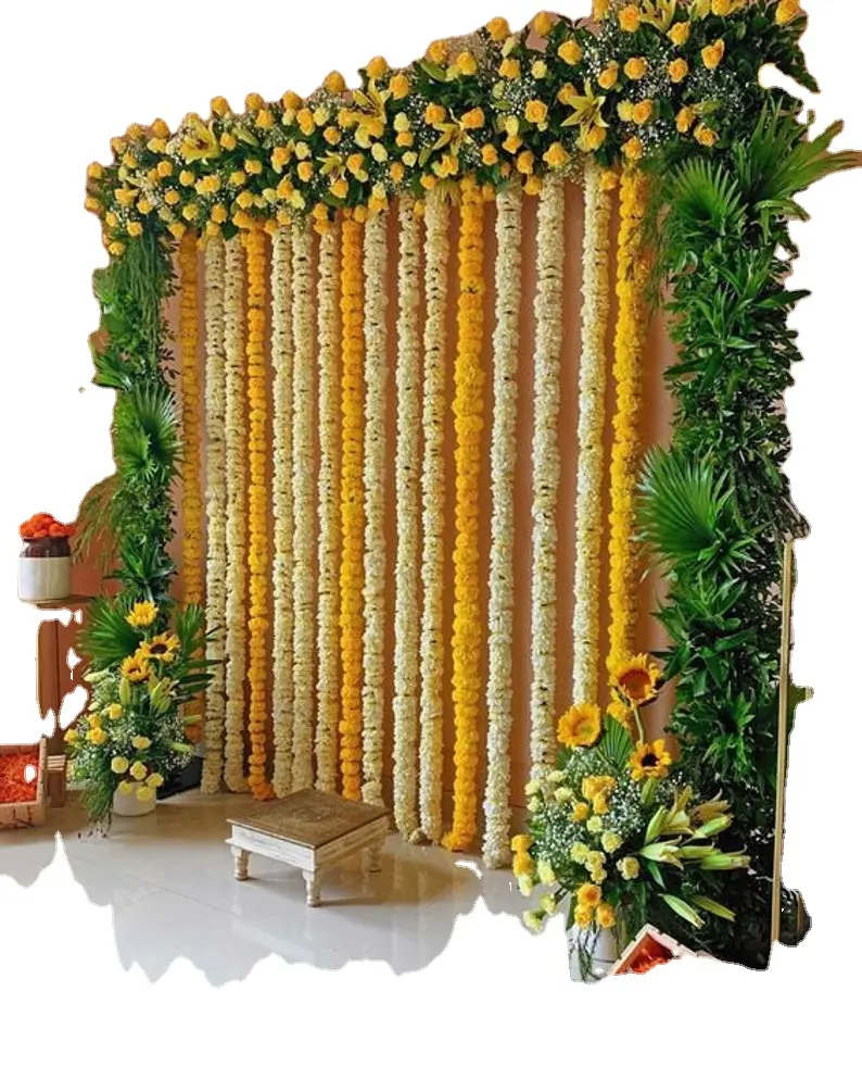طقم هالدي أكاليل زهور القطيفة باللون الأصفر والأبيض ديكور الزفاف مانداب تيج ديكور خيمة زفاف هندي