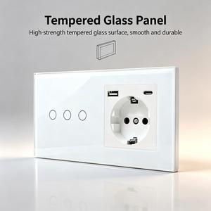 3 Gang Touch Control Wall <strong>Switch</strong> EU Schuko <strong>Socket</strong> With USB a Type C Charger Port Tempered Glass Panel 157 Size Wall <strong>Socket</strong> - Product Image 5