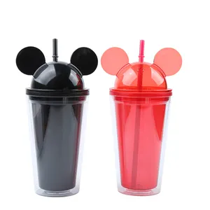 café tasse minimal Suppliers-Bouteille de Mickey et souris en acrylique, gobelet clair avec paille, tasses d'oreilles, slim, en acrylique, de style OEM, bouteille de 16oz
