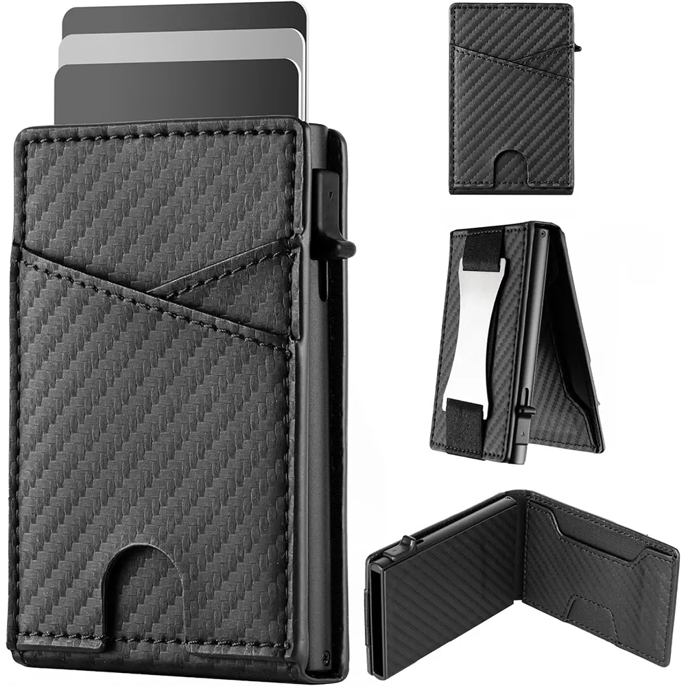 Poche avant Portefeuille minimaliste pour hommes en cuir PU Porte-cartes pop-up Portefeuille pour hommes avec blocage RFID