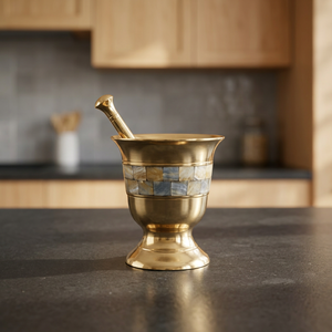 Mortier et pilon en laiton avec incrustation de nacre - Product Image 2