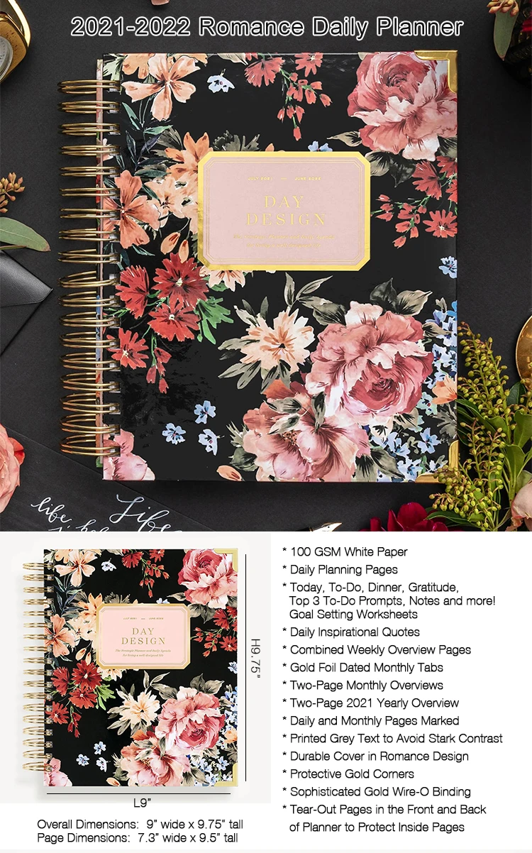 Custom 2023-2024 Floral Printed Spiral Daily Weekly Mo<i></i>nthly Planner Women Workout Goal Agenda Notebook