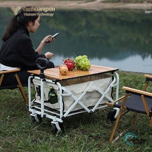 Portable Foldable <b>Camping</b> Cart With Wooden <b>Table</b> Top Four-Wheel Outdoor <b>Storage</b> Trolley For Picnic And Travel - Product Image 3