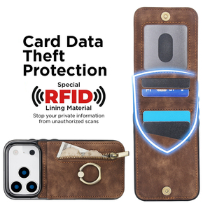 Étui <span class=keywords><strong>de</strong></span> téléphone vintage en cuir avec porte-bague pour iPhone 17 Air 16 15 14 13 12 11 Pro Max, portefeuille RFID bloquant avec fermeture éclair pour cartes, coque mobile - Product Image 3