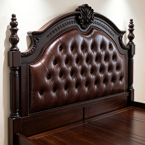 New Arrival Ornate Floral Carved Dark Brown Diamond Tufted Leather Four Poster Solid Wood Bed with Carved Storage Nightstands - Product Image 2