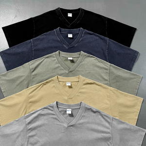 Faded White Finish V Neck Tee Breathable Antistatic Vintage Streetwear High Quality Custom <b>Logo</b> for Men - Product Image 2