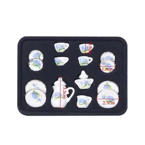 15Pcs 1:12 Miniatuur Porselein Thee Cup Set Schotel/Pot/Ketel Europese Stijl Poppenhuis Meubels Rose Patroon Servies keuken Speelgoed