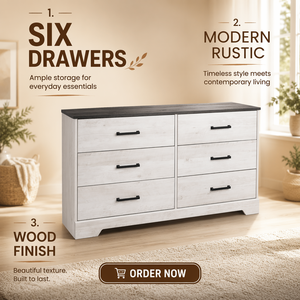 <span class=keywords><strong>Commode</strong></span> double à <span class=keywords><strong>6</strong></span> <span class=keywords><strong>tiroirs</strong></span> Prepac Rustic Ridge Farmhouse en bois blanc délavé pour chambre à coucher, 53,25 de large x 18,25 de profondeur x 28,5 - Product Image 1